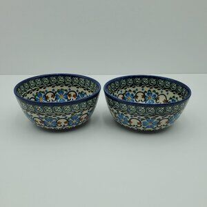 Polish Pottery Unikat Dessert Bowls Trinket Dishes Blue Flowers Green Accents
